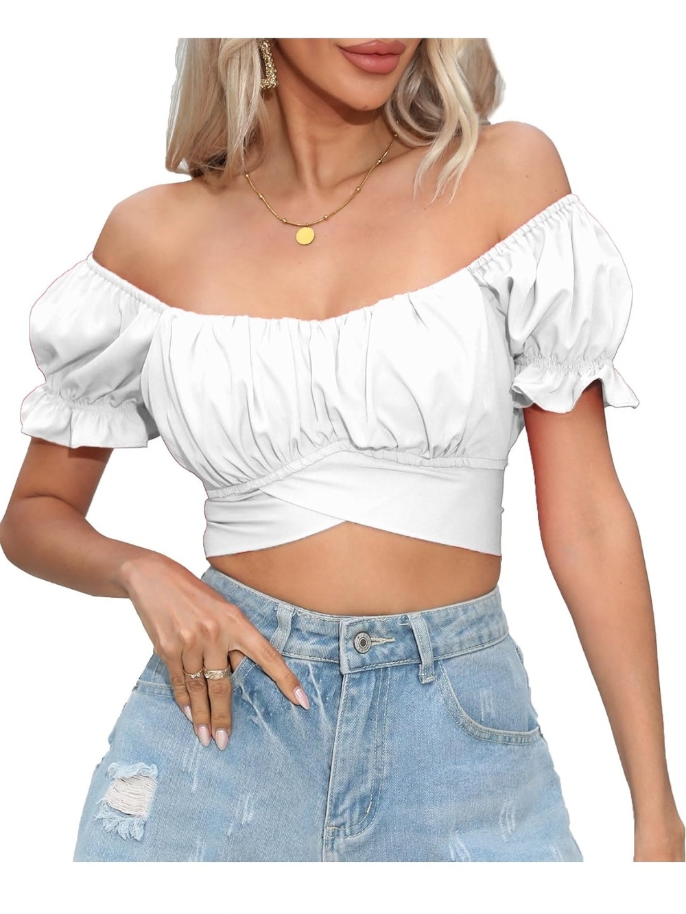 Puff Sleeve Crossover Tie Back Cropped Casual Top Small